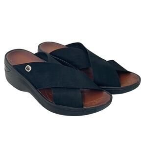 BZees Desire Wedge Slide Sandals Womens Size 8.5 Black Fabric Upper